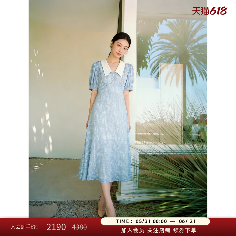 LK BENNETT蓝色连衣裙女夏季法式气质千鸟格娃娃领收腰短袖长裙