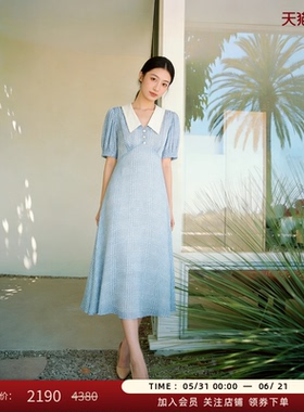 LK BENNETT蓝色连衣裙女夏季法式气质千鸟格娃娃领收腰短袖长裙