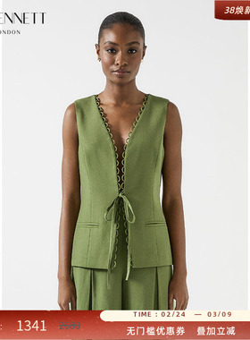 LK BENNETT绿色马甲外套女2025年夏季新款无袖芽边系带简约通勤