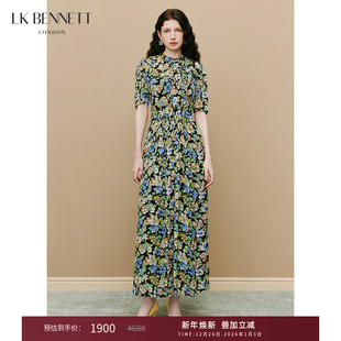 高级感 蝴蝶结法式 lkbennett绿色连衣裙秋新款 印花短袖