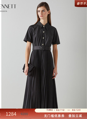LK BENNETT黑色连衣裙春夏新款腰带高级感短袖茶歇法式百褶裙