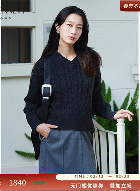 LK BENNETT灰色绵羊毛针织衫2025年新款百搭v领麻花花边套头上衣