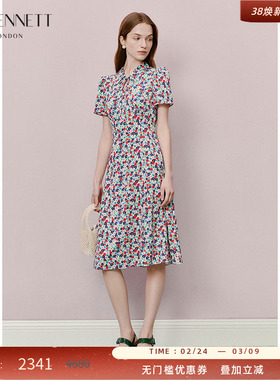 LK BENNETT法式印花连衣裙2025年夏新款系带翻领收腰优雅中长款