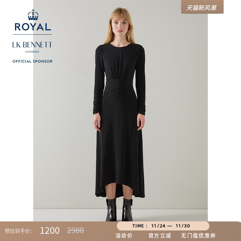 【赛马会】lkbennett黑色气质连衣裙女修身抽褶不规则裙摆长裙