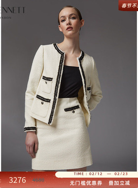 【朱珠同款】LK BENNETT白色小香风外套女春秋圆领修身粗花呢上衣