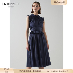 LK BENNETT藏蓝色法式无袖连衣裙女夏季木耳边棉混纺收腰休闲长裙