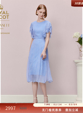 【皇家赛马会】LK BENNETT蓝色连衣裙女2025年春新款法式荷叶袖