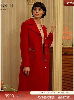LK BENNETT红色羊毛兔毛大衣女长款冬季西装领英伦风毛呢外套