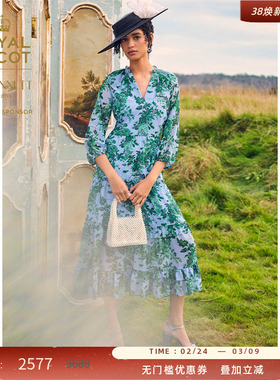 【皇家赛马会】LK BENNETT蓝色v领印花连衣裙女2025年春新款高级