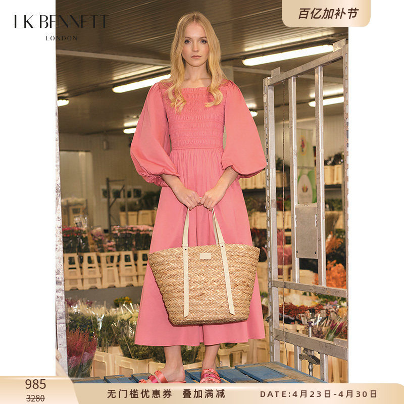 LK BENNETT粉红色纯棉连衣裙女夏新款泡泡袖方领法式度假长裙