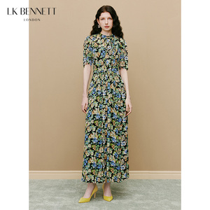LK BENNETT绿色连衣裙秋新款印花短袖蝴蝶结法式高级感