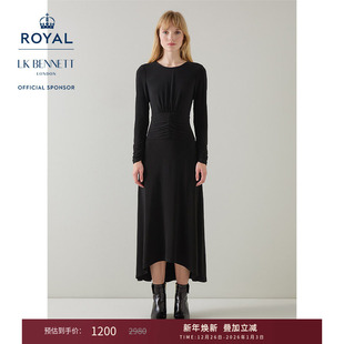 抽褶不规则裙摆长裙 lkbennett黑色气质连衣裙女修身 赛马会