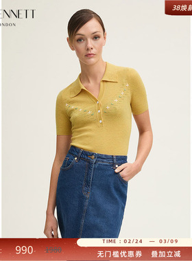 LK BENNETT黄色针织上衣女2025年春新款polo领短款显瘦套头短袖