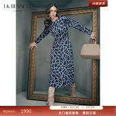 圆领泡泡袖 新款 收腰设计感长裙 BENNETT深蓝连衣裙女2025年秋季