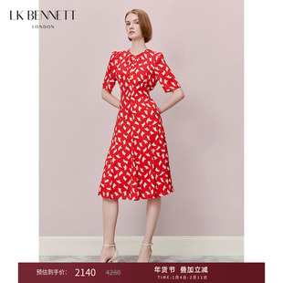 LK BENNETT红色印花真丝连衣裙女长款短袖收腰法式a字裙夏季