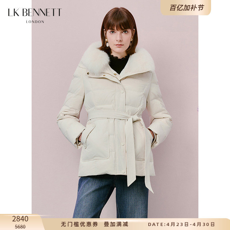 LK BENNETT白色羽绒服女冬季款连帽鹅绒狐狸毛领系带外套