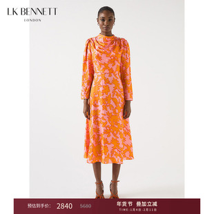 LK BENNETT橙色连衣裙女2025年秋季新款珠扣抽褶长袖桑蚕丝收腰裙