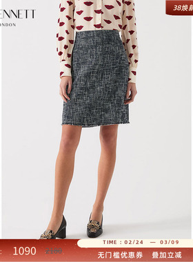 LK BENNETT深蓝色A字半裙2025年春新款土耳其进口裙摆毛边高腰短