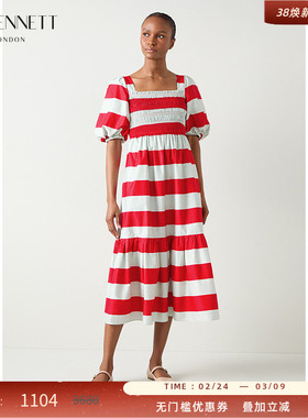 LK BENNETT红色条纹连衣裙女新款方领泡泡袖时尚纯棉连衣裙