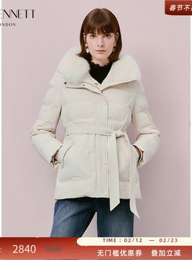 LK BENNETT白色羽绒服女2025年冬季款连帽鹅绒狐狸毛领系带外套