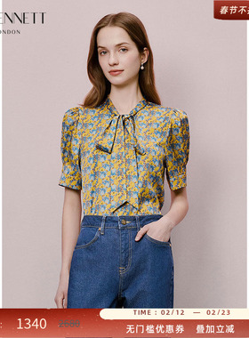 LK BENNETT黄色衬衫2025年夏新款印花衬衫飘带黑色气质法式高级感