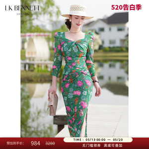 LK BENNETT绿色印花连衣裙夏新款弹力扭结设计钻石领长款