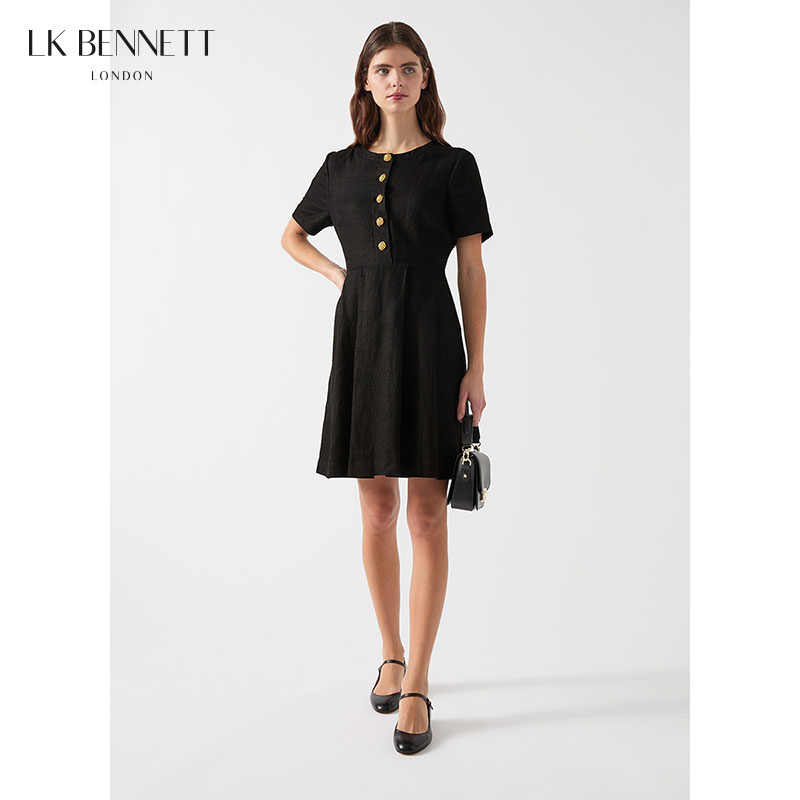 lkbennett黑色连衣裙2025年春夏新款短袖收腰法式a字气质小黑裙
