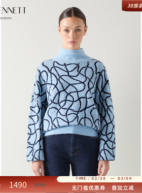 LK BENNETT蓝色针织衫2025年冬季新款半高领套头宽松时尚落肩袖