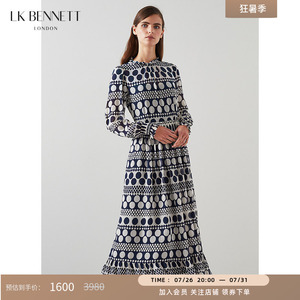 LK BENNETT深蓝长袖连衣裙女春新款法式气质设计感波点收腰