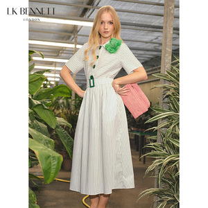 LK BENNETT绿白色条纹连衣裙女夏新款收腰法式衬衫裙长赫本风