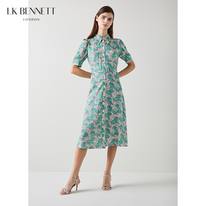 LK BENNETT绿色印花连衣裙秋新款优雅湖绿色翻领腰带连衣裙