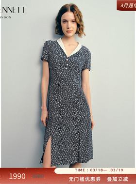 LK BENNETT深蓝真丝连衣裙女夏季收腰气质100%桑蚕丝显瘦开衩中裙