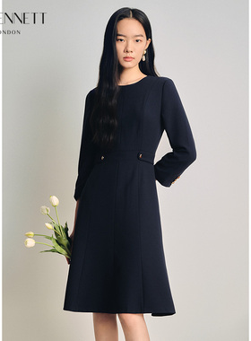 LK BENNETT藏蓝气质连衣裙女春秋七分袖收腰a字裙中款通勤高级感