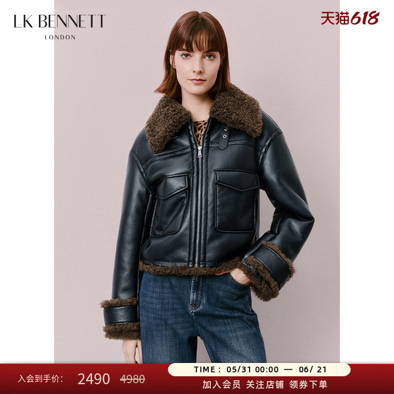 LK BENNETT黑色短外套女冬新款polo翻领拼接撞色夹克外套