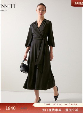 LK BENNETT黑色连衣裙2025年秋新款v领不对称设计a字型中长款