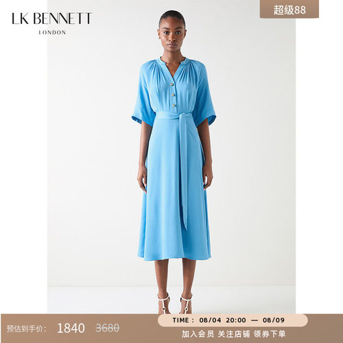 LK BENNETT蓝色连衣裙女秋季新款v领插肩袖收腰系带抽褶长