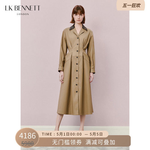 【梁洁同款】LK BENNETT卡其色风衣冬新款翻领单排扣工装外套