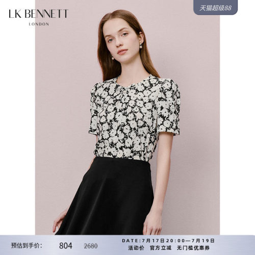 LK BENNETT黑色蝴蝶结上衣夏季新款圆领短袖法式优雅衬衫