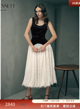 LK BENNETT黑色拼接连衣裙女2025新款秋季无袖假两件腰带流苏裙