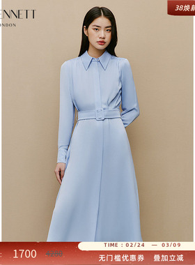 LK BENNETT浅蓝色女士连衣裙新款春季长袖收腰衬衫裙法式长裙