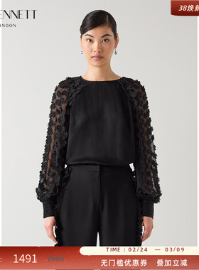 LK BENNETT黑色上衣2025年冬季新款薄纱拼接花片圆领气质通勤套头