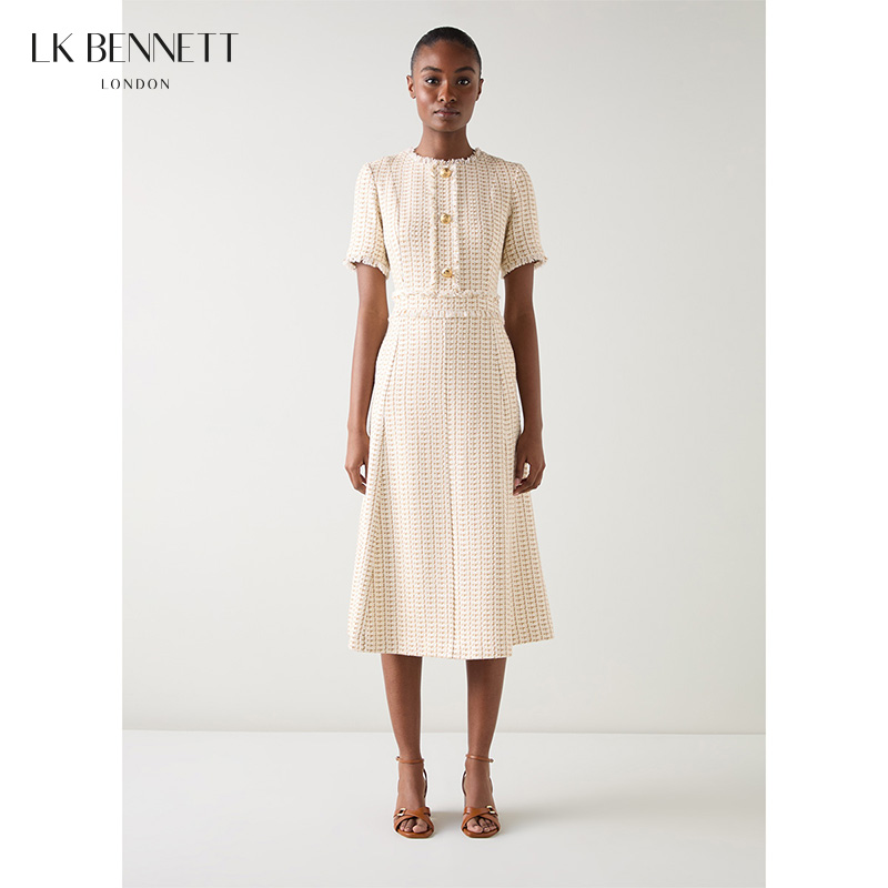 lkbennett米色小香风连衣裙2025年秋季新款女圆领花纱粗花呢收腰