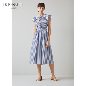 LK BENNETT蓝色条纹连衣裙女夏季纯棉海军领束腰气质A字裙