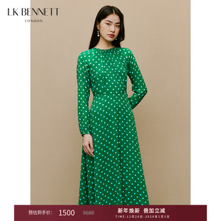 茶歇收腰长裙 气质法式 lkbennett绿色波点连衣裙女新款 春长袖