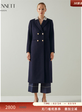 LK BENNETT深蓝色100%绵羊毛大衣冬新款经典英伦风双排扣设计外套
