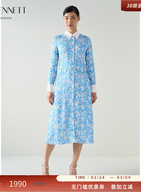 LK BENNETT蓝色连衣裙2025年秋季新款撞色印花衬衫领长袖连衣裙