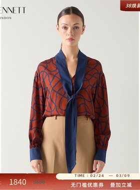 LK BENNETT2025秋冬新款红色几何图案撞色飘带设计感上衣衬衫