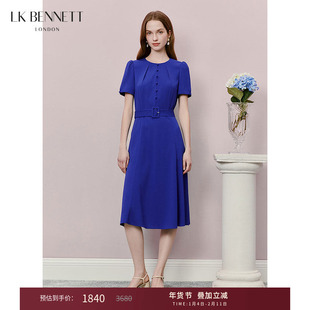 LK BENNETT蓝色连衣裙2025年夏新款圆领腰带短袖通勤简约高级感