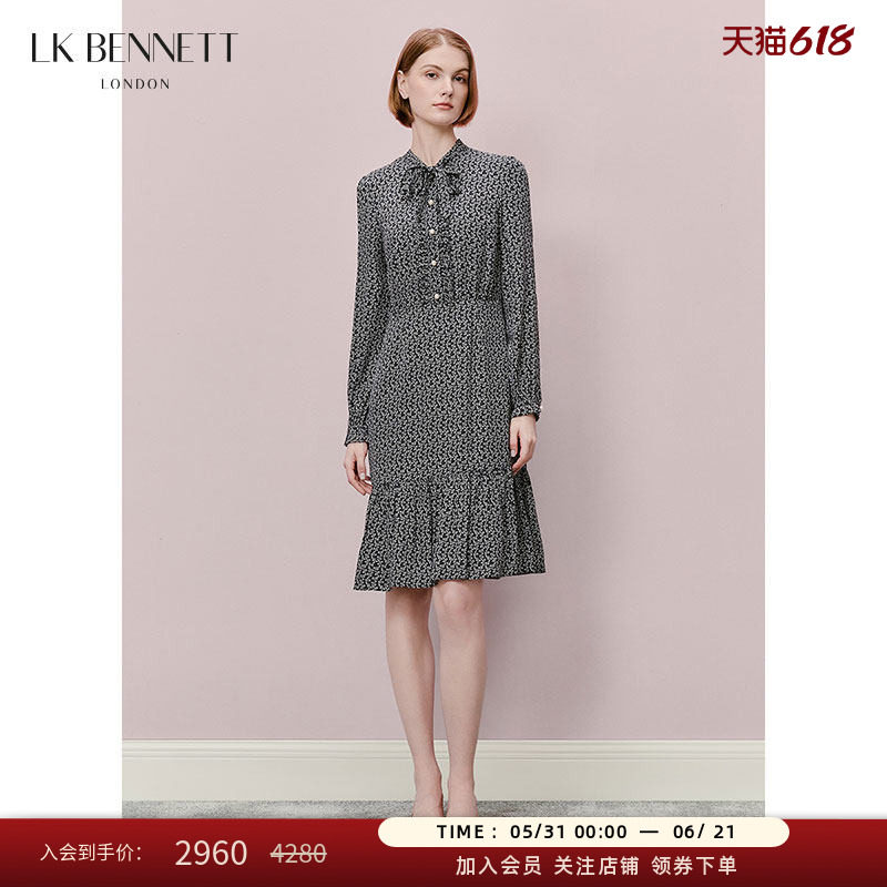 LK BENNETT深蓝连衣裙新款衬衫领珍珠纽扣收腰桑蚕丝真丝连衣裙
