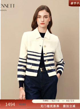 LK BENNETT白色条纹外套女秋新款法式气质休闲短款小香风